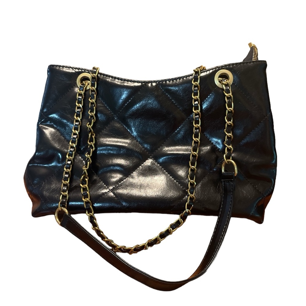 Black Checkered Pattern Purse Gold Chained and Faux Leather Strap